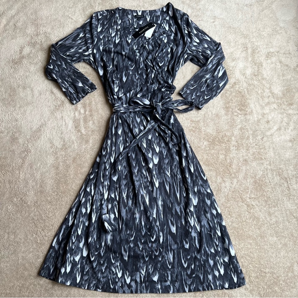BRAND NEW! Talbots | Black & White Pattern Dress Faux Wrap Jersey 3/4 Sleeve M